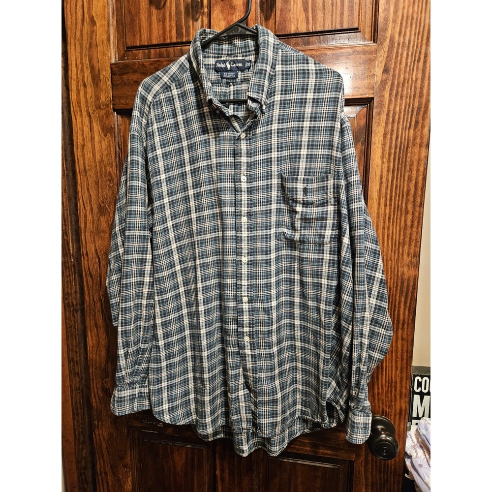Ralph Lauren Big Shirt Mens XL Blue Plaid 100% Cotton Button Up Long Sleeve
